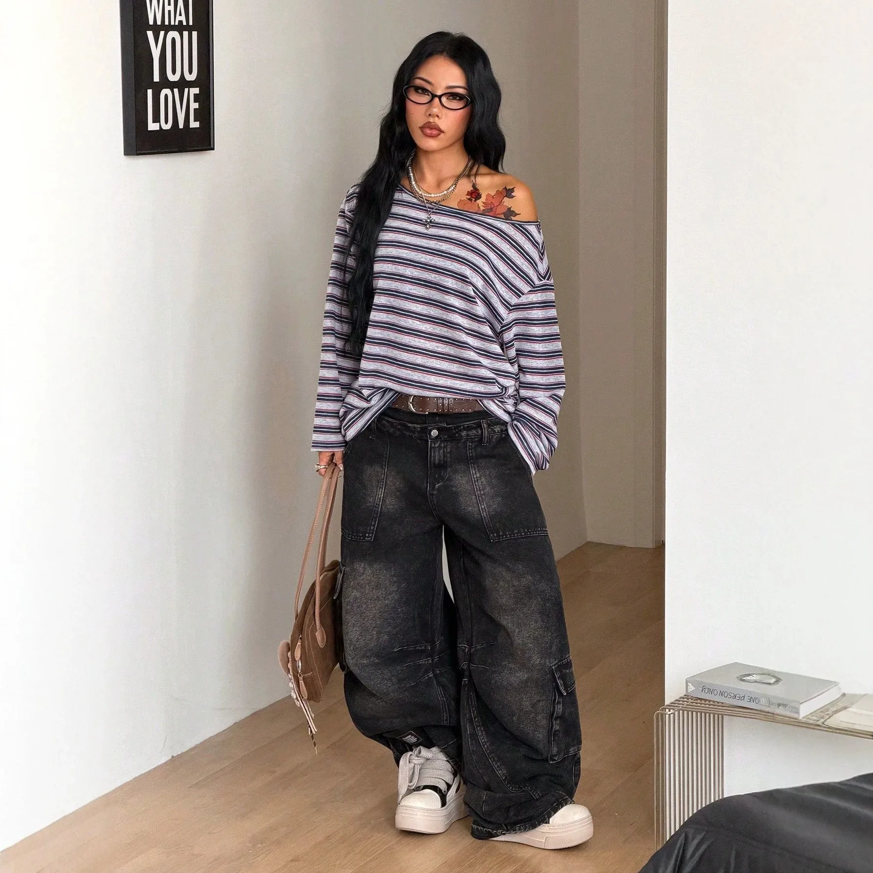 Women's Oversized Striped Blue Off Shoulder Slant Neck Drop Shoulder Cotton Knit Casual Color Block T Shirt Blouse T-shirts view 4
