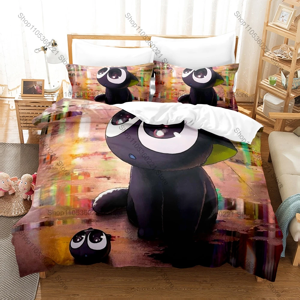 Black Spirit Cat Luo Xiaohei Forest Scene Art Print Duvet Cover + 2 Pillowcases Twin Full Queen King Anime Bedding Set
