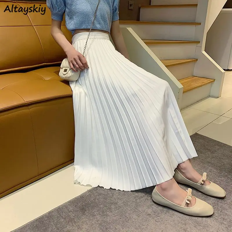 Skirts Women Ankle-length Solid Pleated High Waist Korean Fashion Spring Leisure A-line Fairycore Clean Fit Leisure All-match