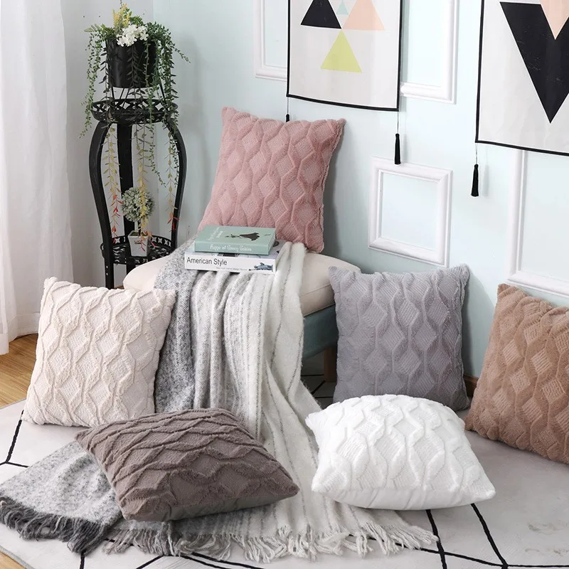 

Plush Geometric Diamonds Pattern ThrowPillow Case 30x50/45x45cm Soft Solid Color Cushion Cover for Bedroom Sofa Home Decoration