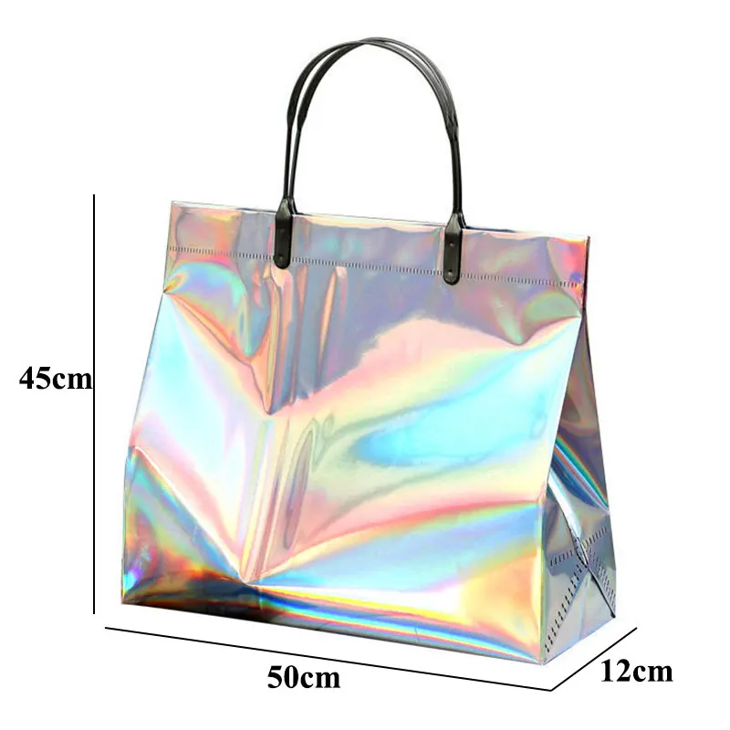 PVC Laser Shopping Bag With Snap Button Reusable Women Shopping Pouch Storage Bags Female Waterproof Thick Handbag Tote Eco Bag