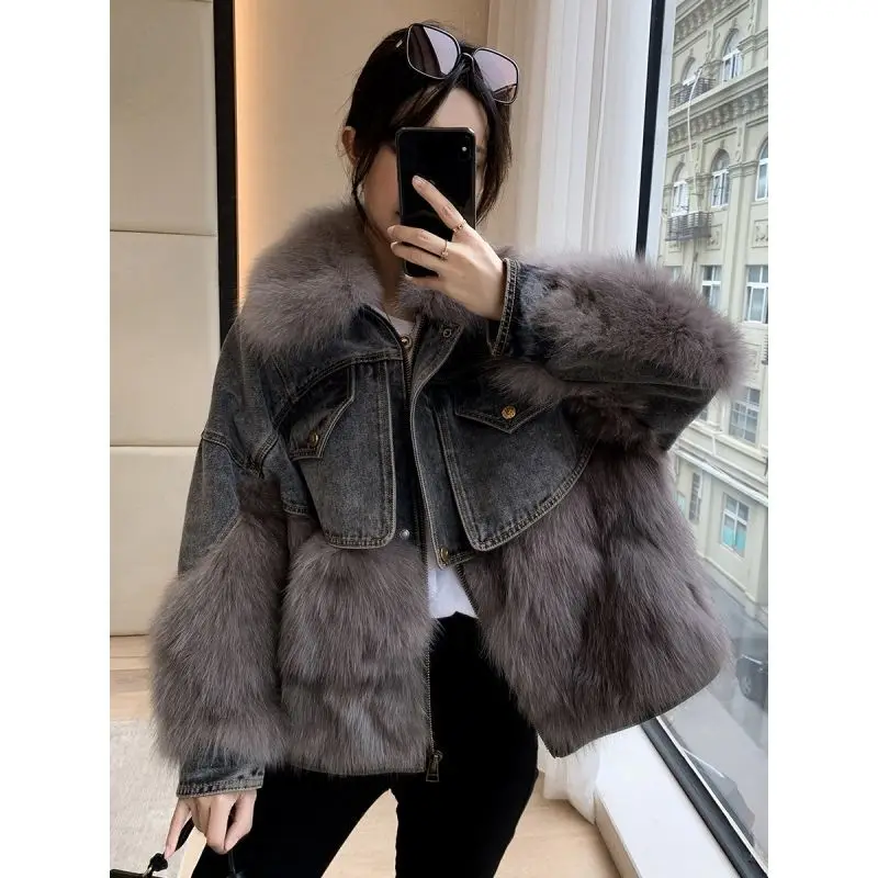 Fashion Denim Jacket Women Faux Fur Collar Jeans Coat 2024 New Winter Coat Female Thick Warm Parkas Hair Lining Outwear Y135