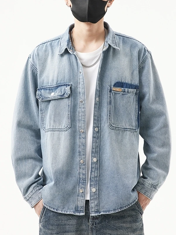 

Spring Autumn Loose Casual Denim irt Men's Trendy Brand Workwear Classic Waed Collar Leisure Outerwear Windproof Long Sve