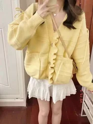 Autumn New Yellow Sweater Lovely Bow V-neck Cardigan Jacket Cute Fungus Edge Single Breasted Coats Korean Sweet Women Loose Tops