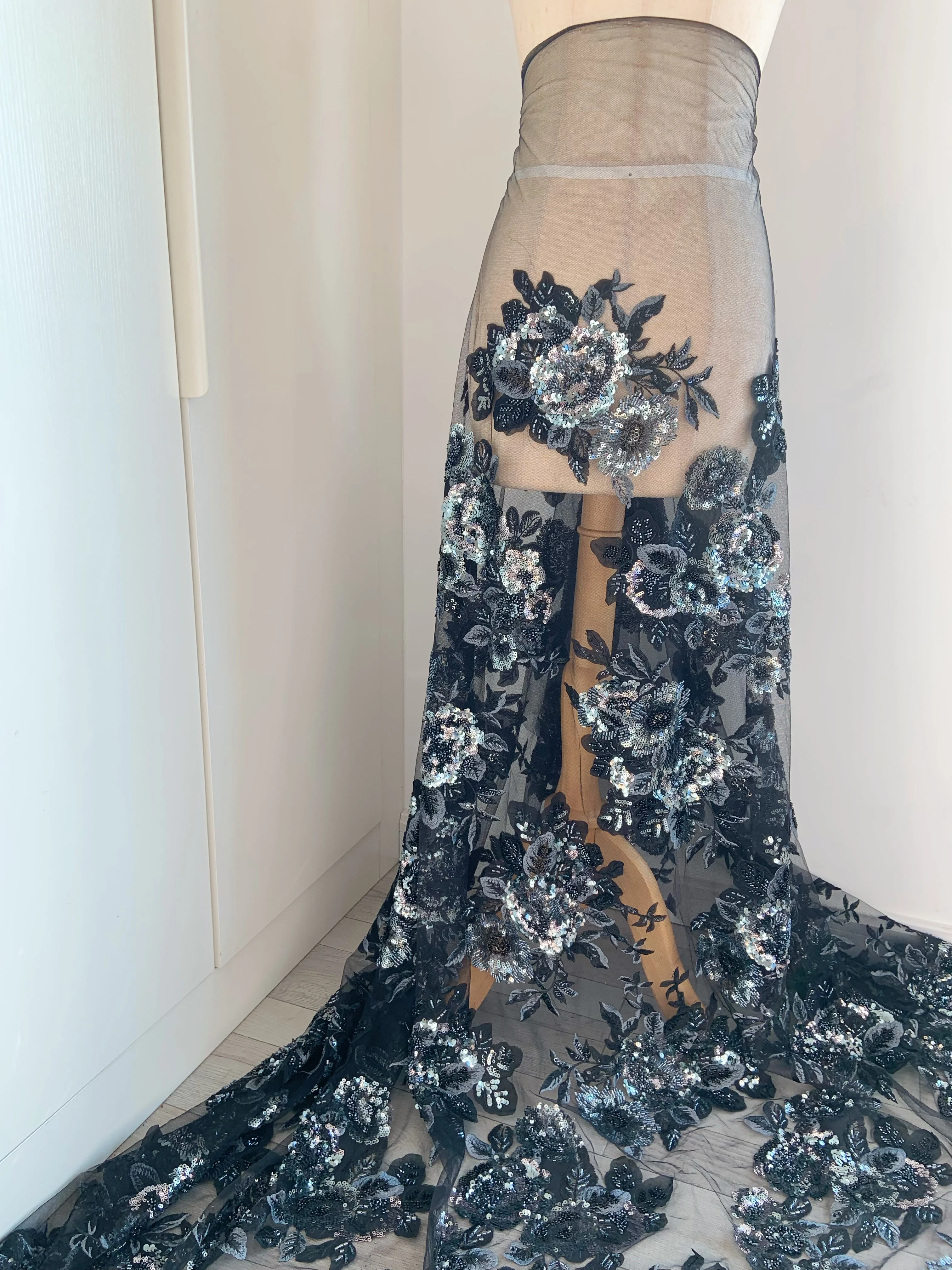 

1 Yard High Quality Black Mesh Lace Fabric Blue Embroidery Pink Bead Sequins Flower Tulle Gauze for Glitter Couture,Ball Gown