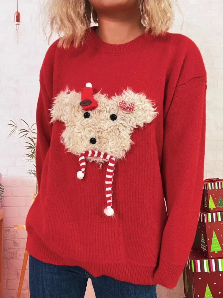 

Autumn And Winter Christmas New Stitching Cartoon Puppy Long-sleeved Sweater Women's Lazy Style Casual Chic Knitwear Tops