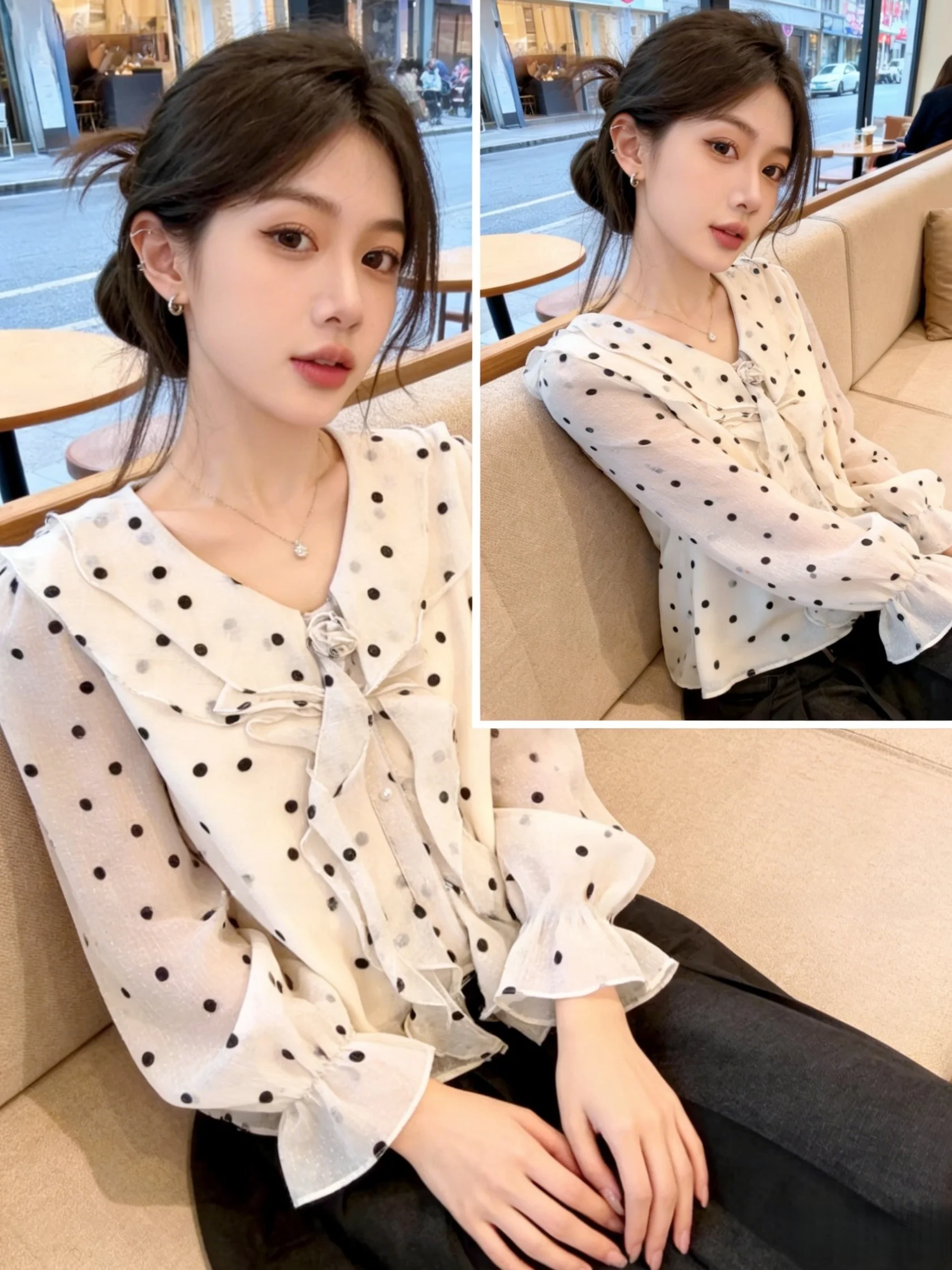 

Spring Summer Polka Dot Chiffon Blouse Women's Long Sleeve Bell Sleeve V-Neck Loose Slimming Top Korean Style Commute Wind