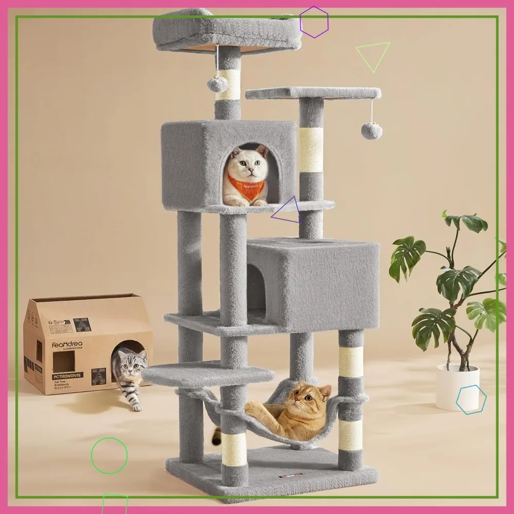 

Кошачья лежанка-башня высотой 59,5 дюймов с 5 когтеточками, 2 платформами, 2 пещерами, гамаком и помпонами, светло-серая