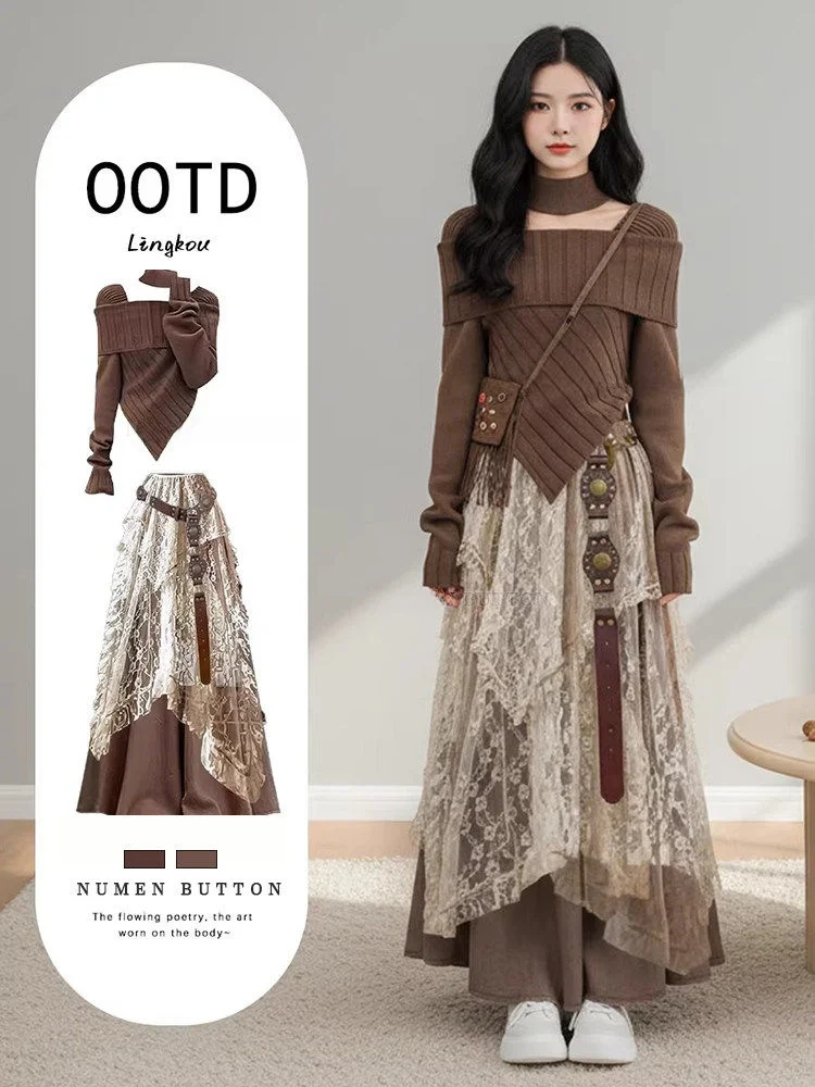 

Антивозрастной вязаный свитер, кружевная юбка, облегающие повседневные брюки — комплект из трех предметов. Дизайнерский осенне-зимний женский модный ансамбль.