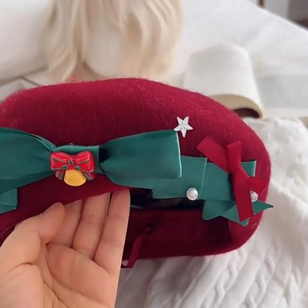 Y2K الشريط Bowknot النمط الياباني قبعة موضة عيد الميلاد أغطية الرأس لوليتا قبعة لطيف قبعة شتوية دافئة قبعة للنساء #5