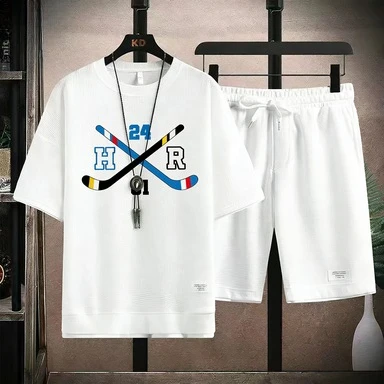 

Sporty Ice Hockey Waffle Set Men Crossed Sticks & HR Letter Print T-Shirt And Shorts Summer Outfit 2026