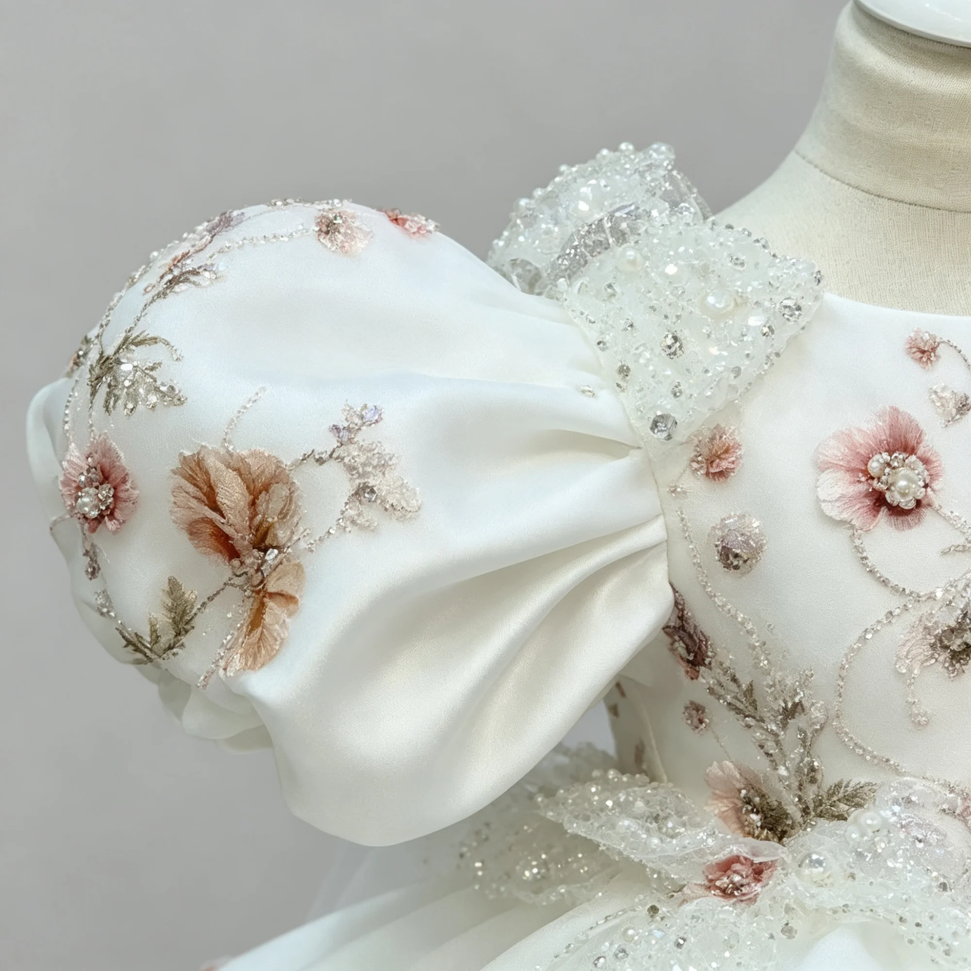 Weißes Mädchenkleid mit Puffärmeln, Prinzessinnenkleid mit Blumenstickerei und Pailletten, Ballkleid für Kinder, Blumenmädchenkleid für Hochzeit, Taufe, Geburtstag, Party – Detail 8