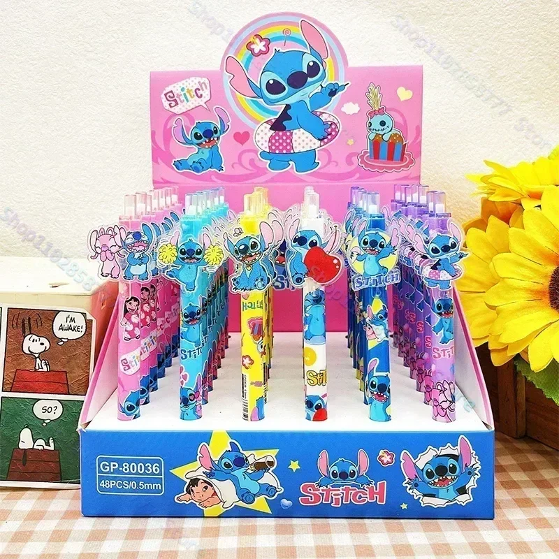 Disney Stitch 12/24/48pcs Gel Pen Lilo & Stitch Press Cartoon Patch 0.5mm Black Stationery Student Signature Pen Writing Tools