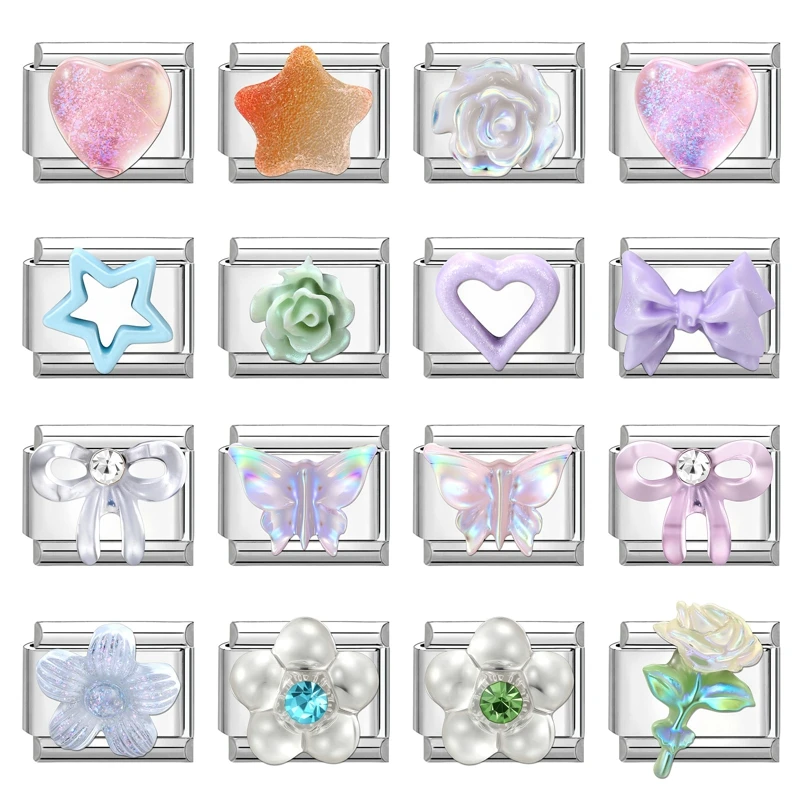 Y2K Bow Rose Flower Jellyfish Whale Charm Italian Charm Links Fit 9mm Bracelet Stainless Steel DIY Jewelry Gifts Wholesale
