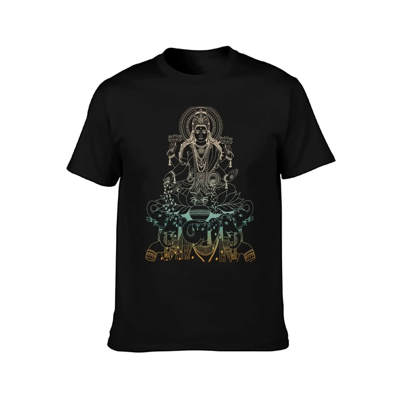 The Hindu Goddess Lakshmi Seated on Elephants T-Shirt Summer Casual Cotton Tee Oversized Streetwear Tops Unisex Men Women