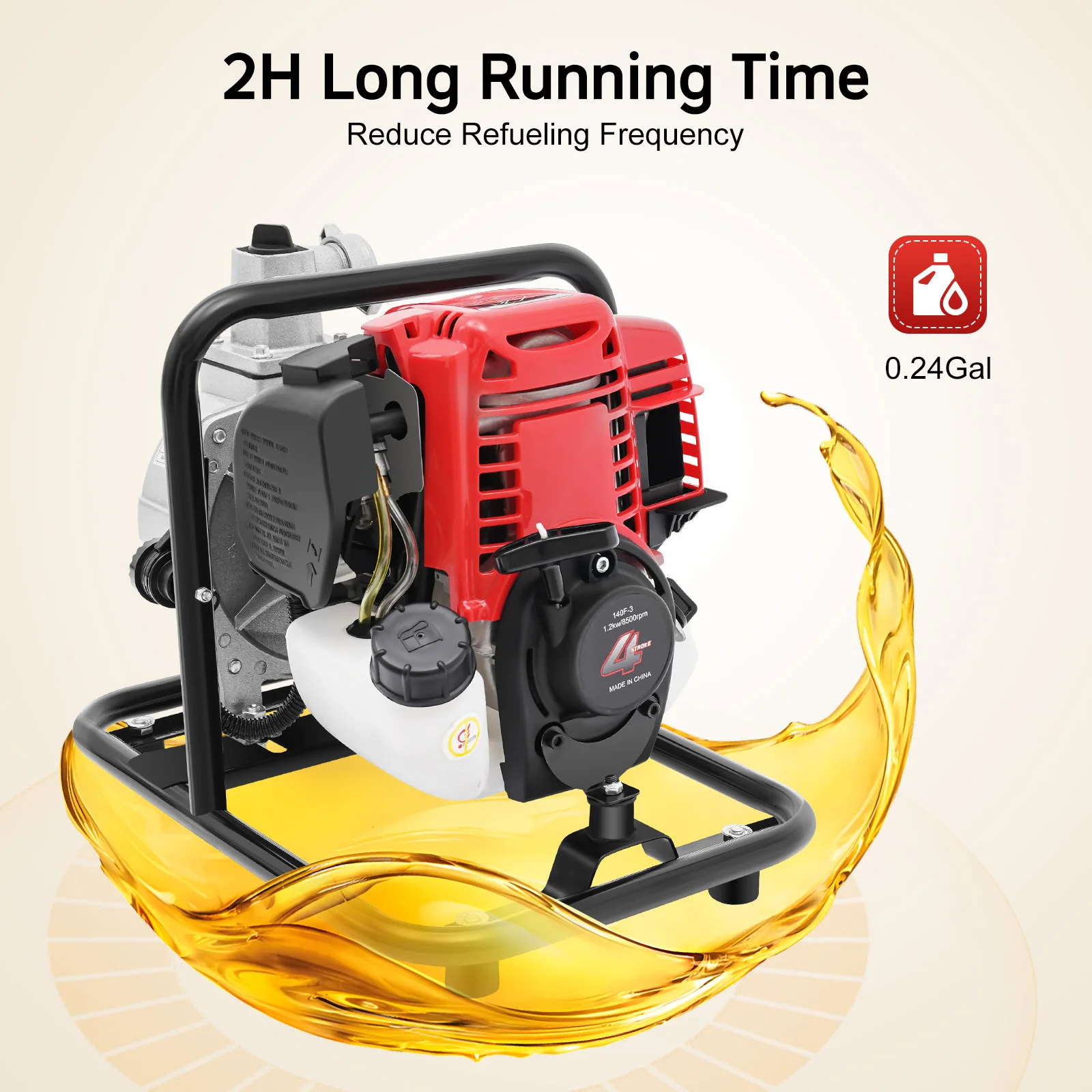1.2KW Water Pump Gasoline Engine Water Pump 135L/min Flow & 30m Head, Gasoline Powered for Farm & Fire Rescue Use