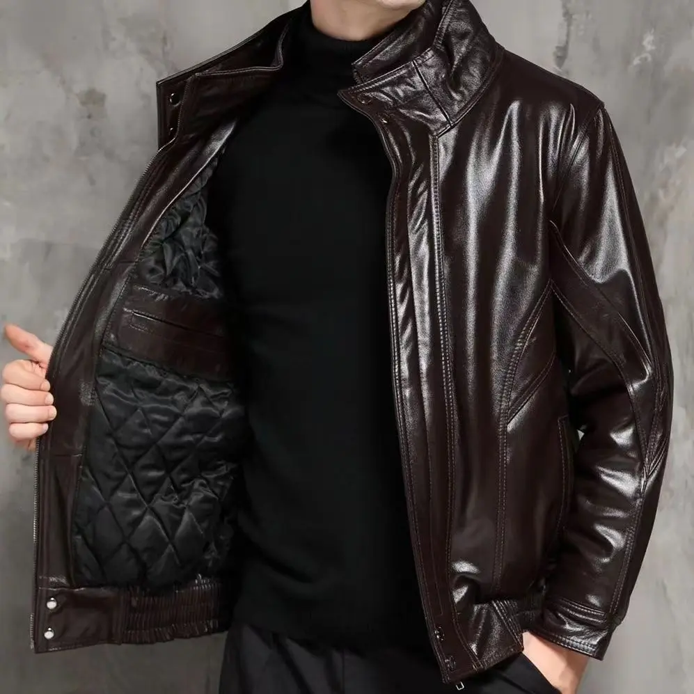 Stand Collar Real Leather Slim Jacket Coat 2024 New Autumn Winter  Men\'s Casual Fashion Trendy    T725