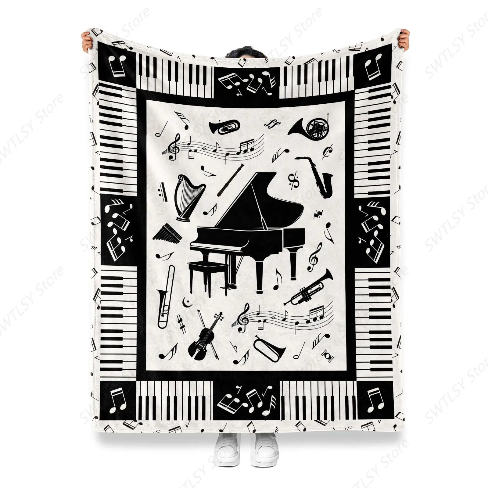 Music Blanket ,Music Piano Gifts for Women, Soft & Comfortable Gift for Music Lovers,Polyester Fleece Music Note Blanket
