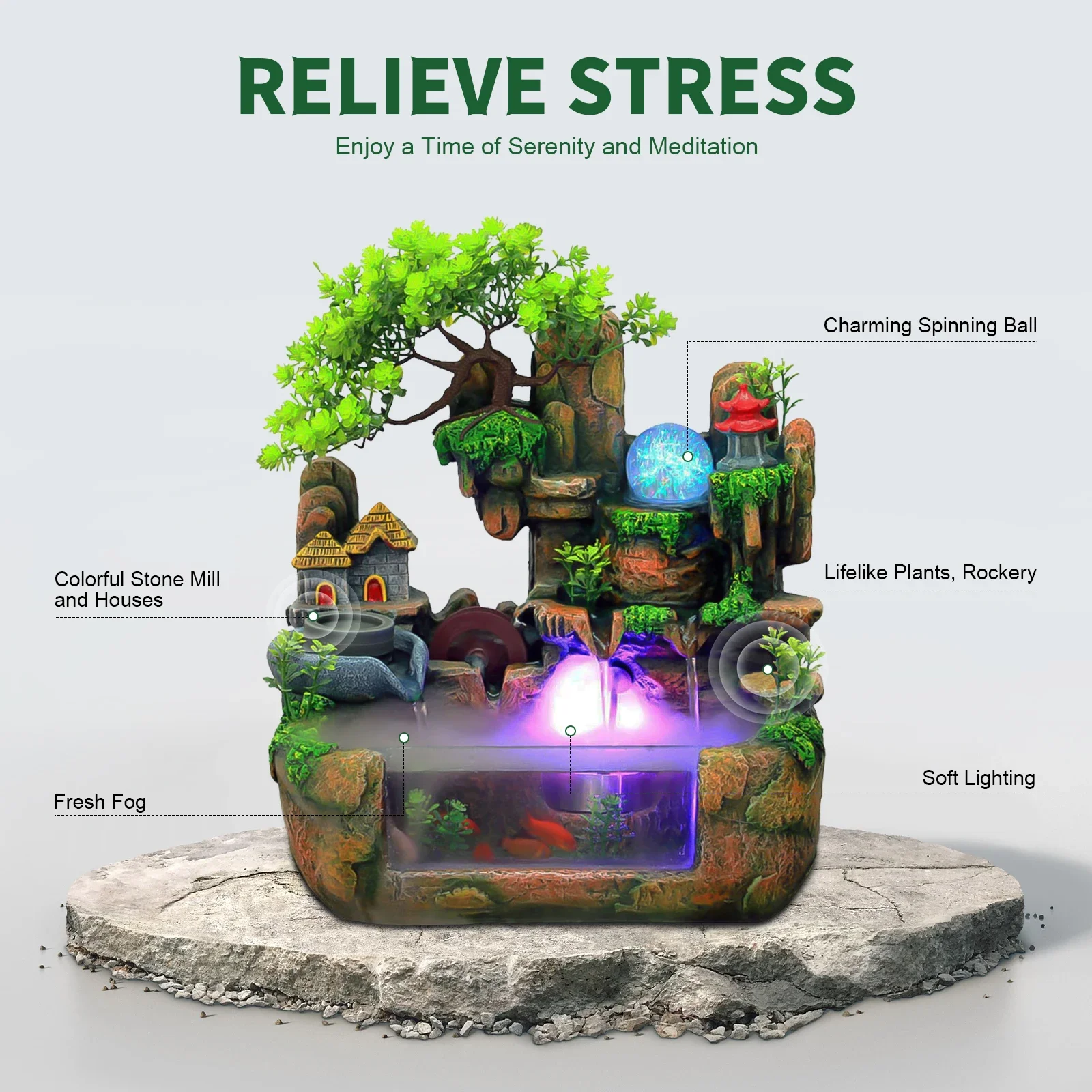 LED Tabletop Water Rockery Fountain with Light, Desktop Chinese Fengshui Indoor Waterfall with Lights,Atomizer Office Decoration