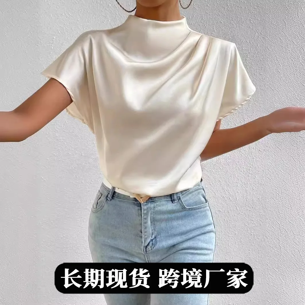 

2026 Ladies Spring and Summer New Fashion Daily Casual Comfortable Round Neck Short Sleeve Left Shoulder Pleated Satin Women