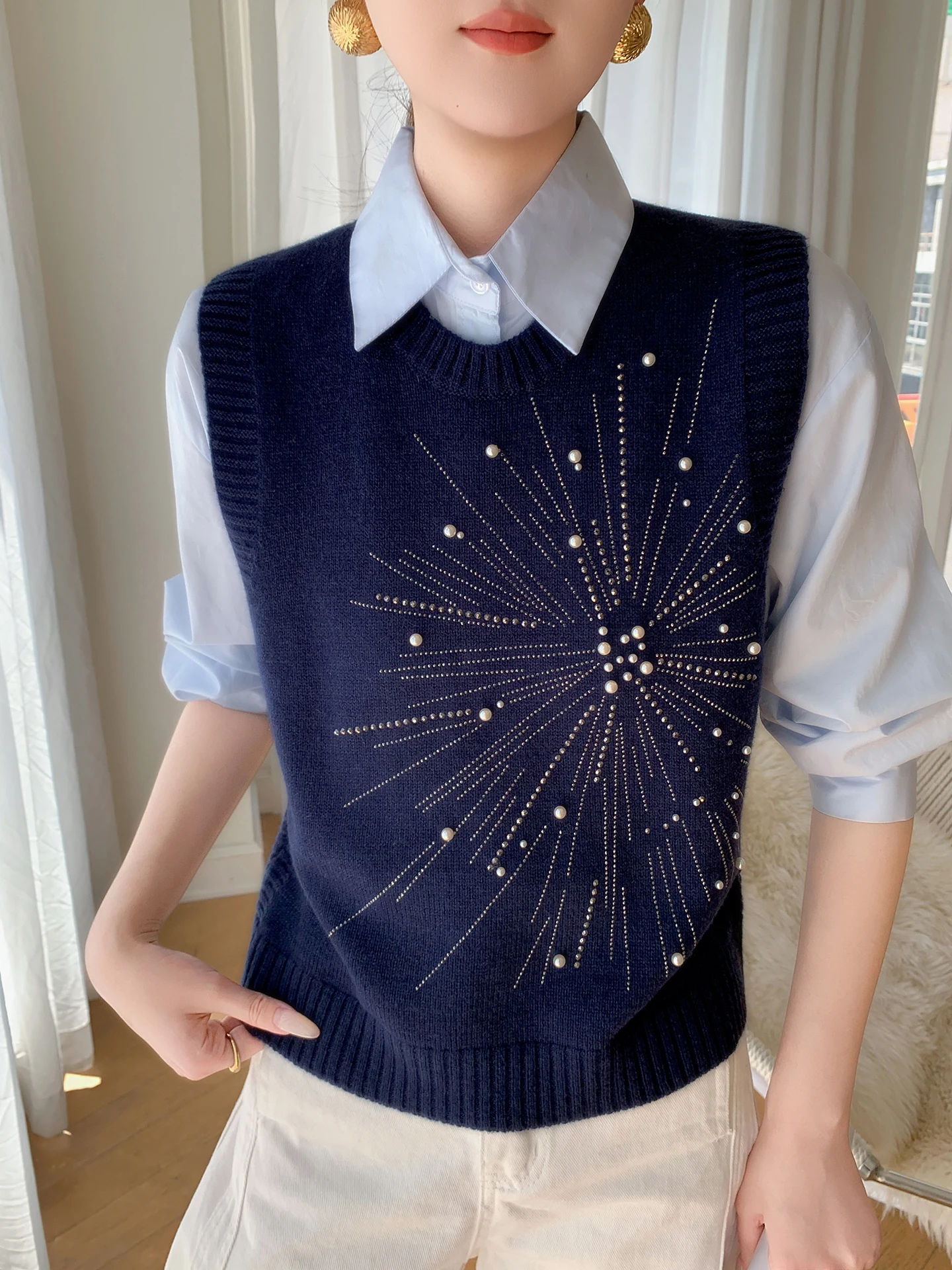 Women's Knitted Vest Heavy Embelliment Design Spring Autumn Inner Wear oulder Pad Top round Ne Regular Length LA-00