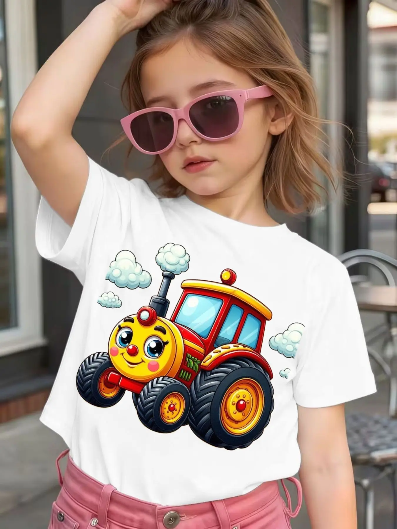 Cartoon Smiling Tractor Cloud Print Kids T Shirt Boys Girls Family Match Cotton Short Sleeve Summer Children Casual Basic Wear