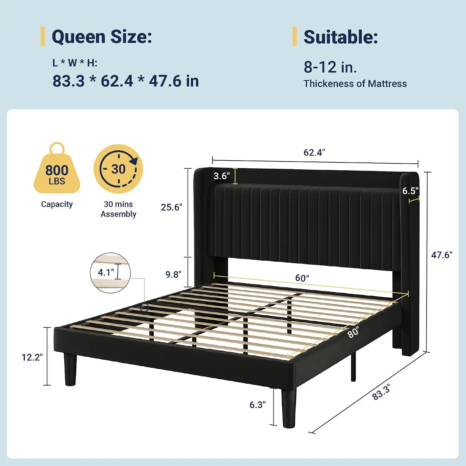 Queen Size Platform Bed Frame with USB Charging Station and Storage Shelf/Upholstered Velvet Wingback, Customized