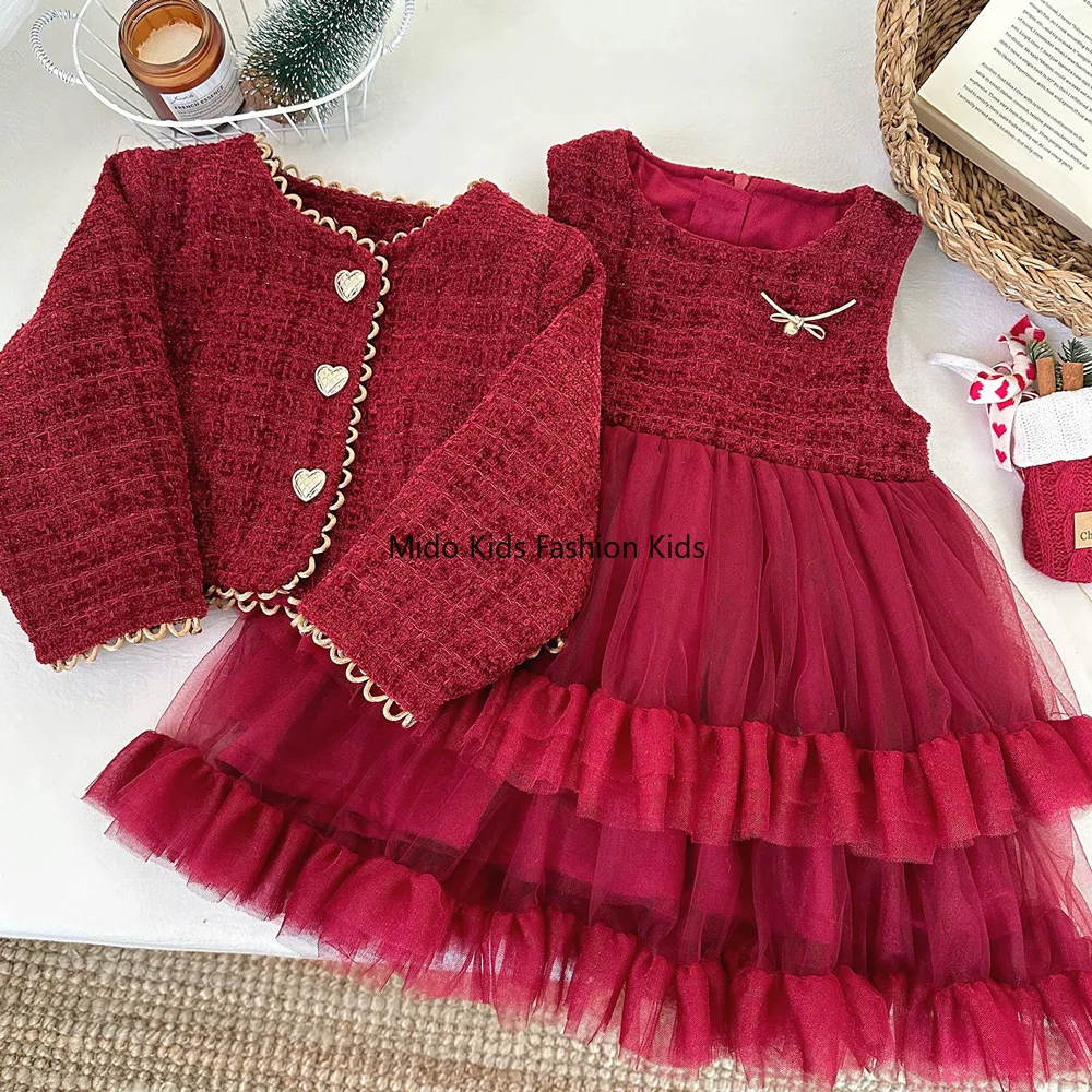 New Arrival Girls' Winter Set  Fleece-Lined Thickened Coat  Mesh Lace-Trimmed Vest Dress New Year Two-Piece Outfit
