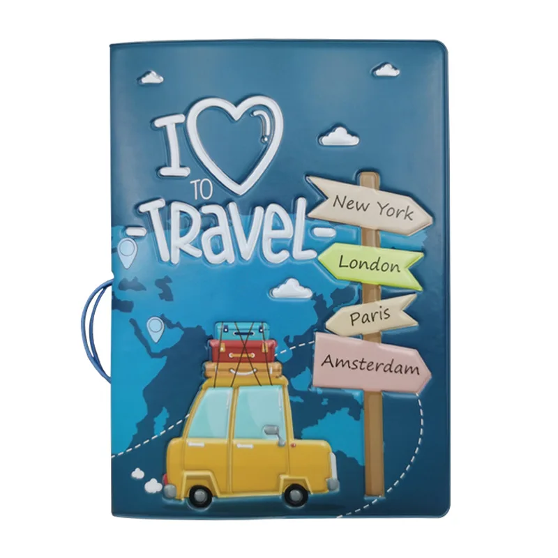 Étui de passeport avec poche pour fente pour carte pour homme et femme, pochette porte-passeport, dessin animé, bleu, rose, I Love Travel, 14x10cm,