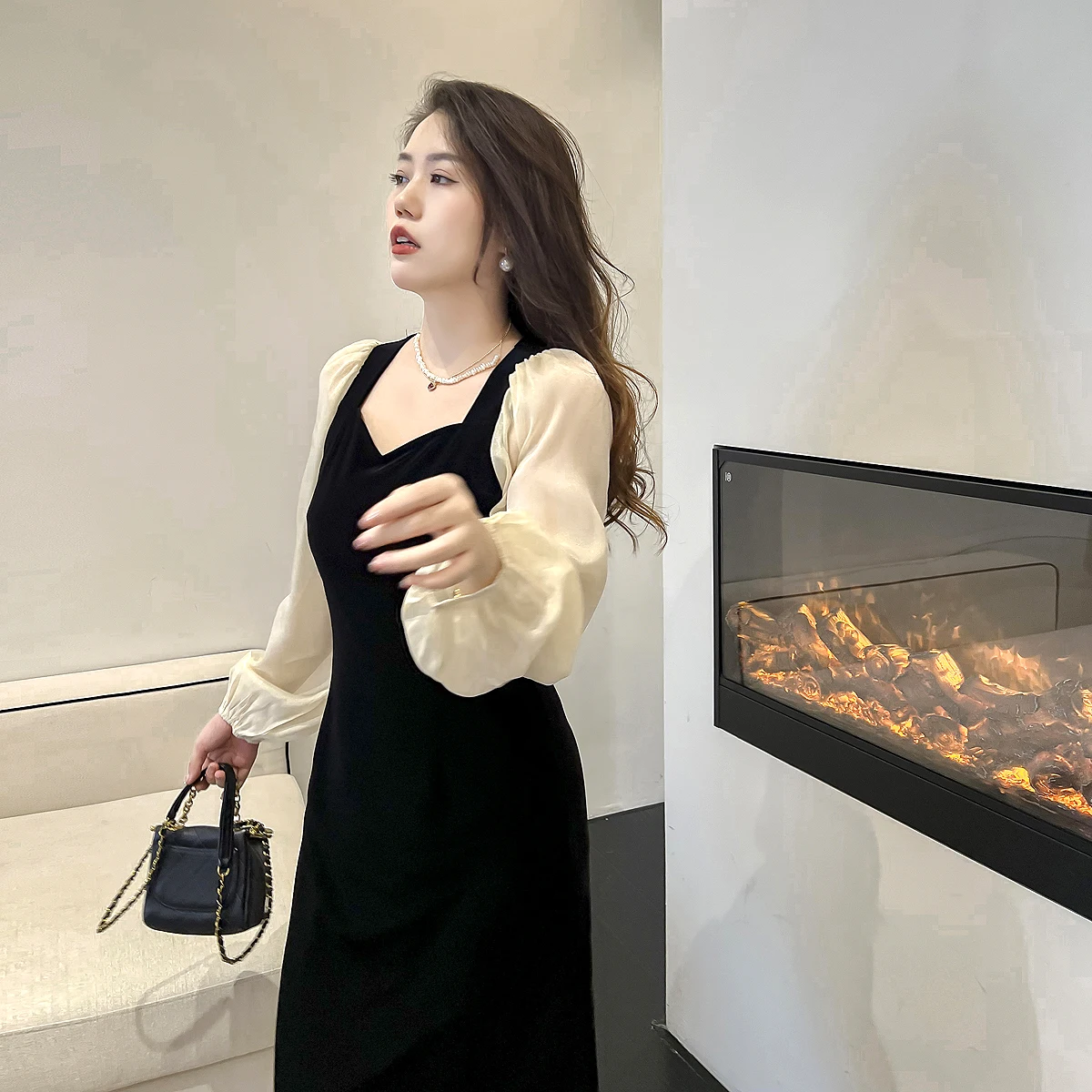 

Бархатное платье Bubble Sve Dr Hepburn Sle, большие размеры, женское длинное платье с высокой талией, осенняя уличная одежда Ci Commute School