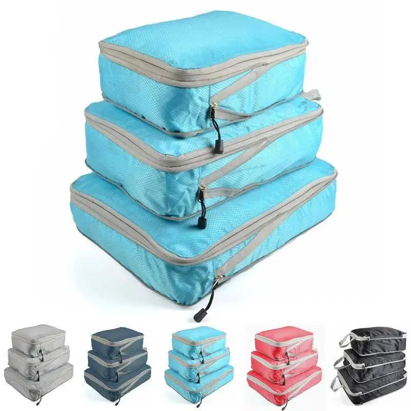 

3 Set Compressible Packing Cubes Waterproof Nylon Travel Organizer Bags Portable Luggage Storage for Airline Size Limits