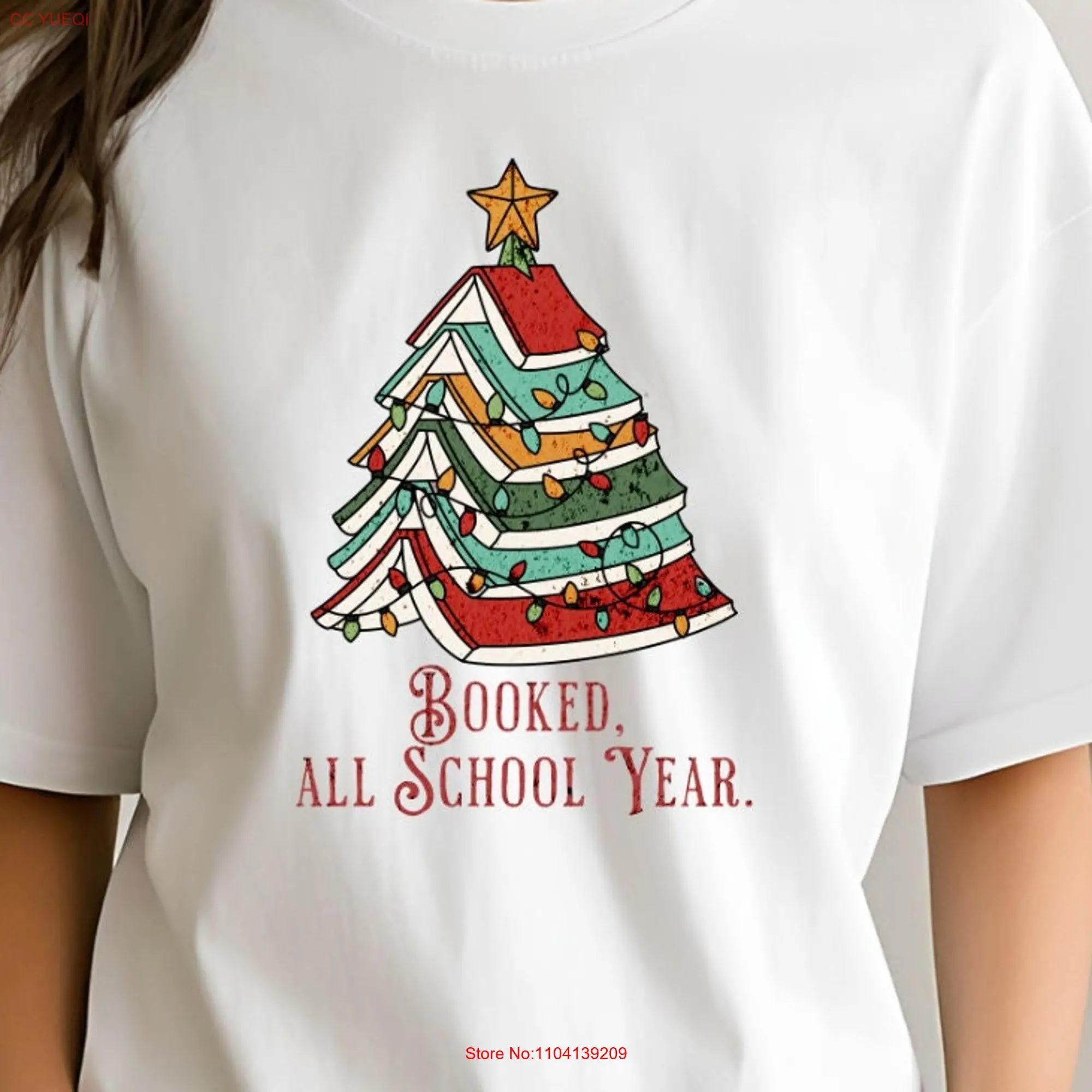 Booked All School Year T Shirt Heavy Cotton Teacher Back To Teach Christmas Tree Books Meme Funny Women's