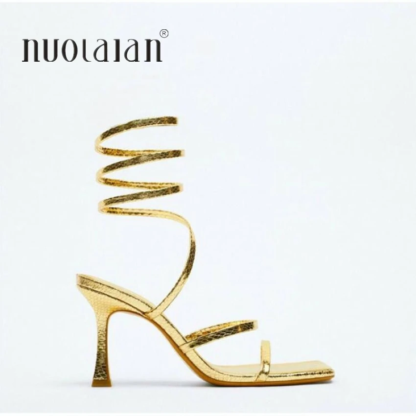 Women Sandals Sexy Cross Ankle Stiletto Heels Female Slides Narrow Band Party Ladies Shoes Square Toe High Heels Summer 2022