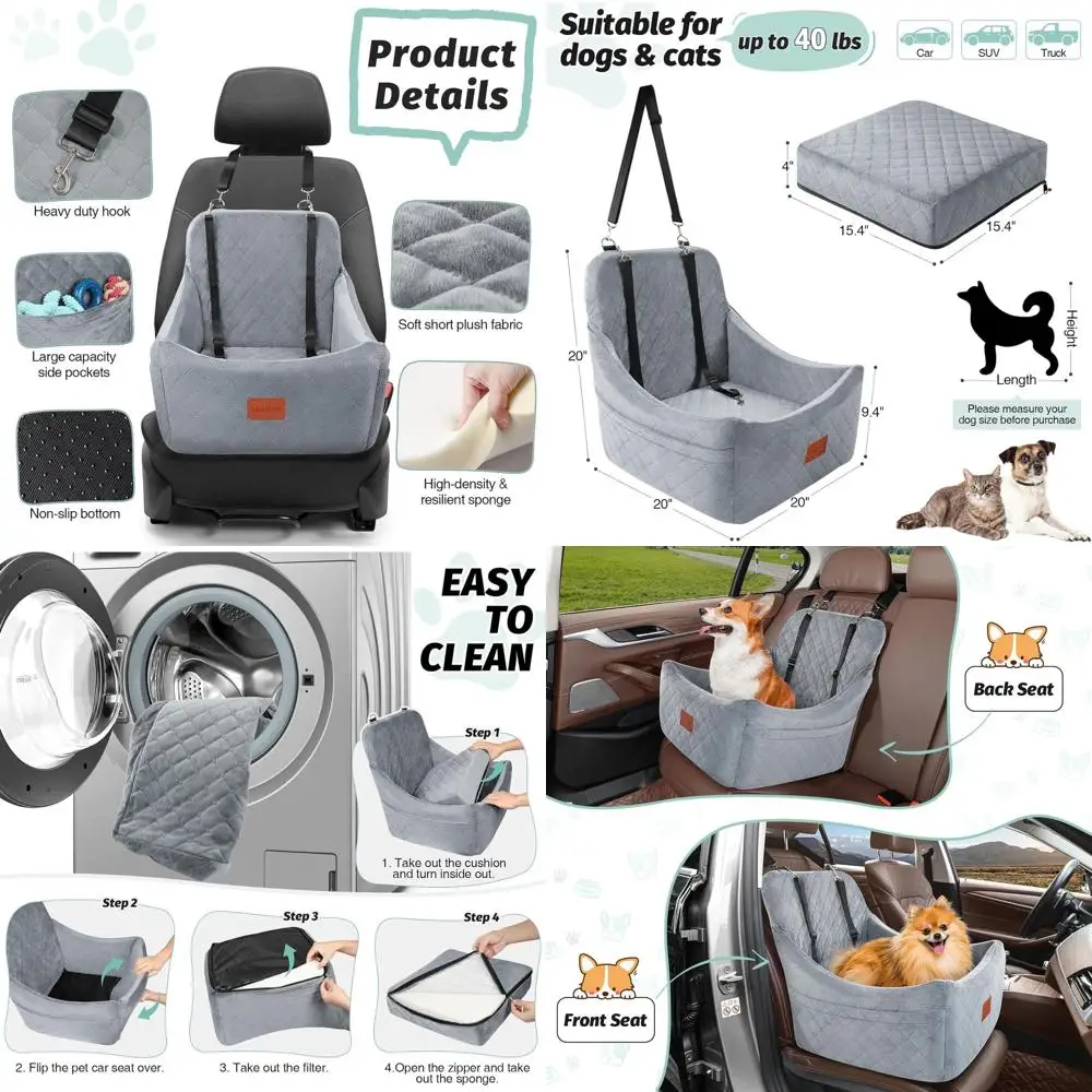 

Среднее автокресло для собак, съемное и моющееся, простая установка, противоскользящее основание, дорожная кровать с 2 карманами, серый