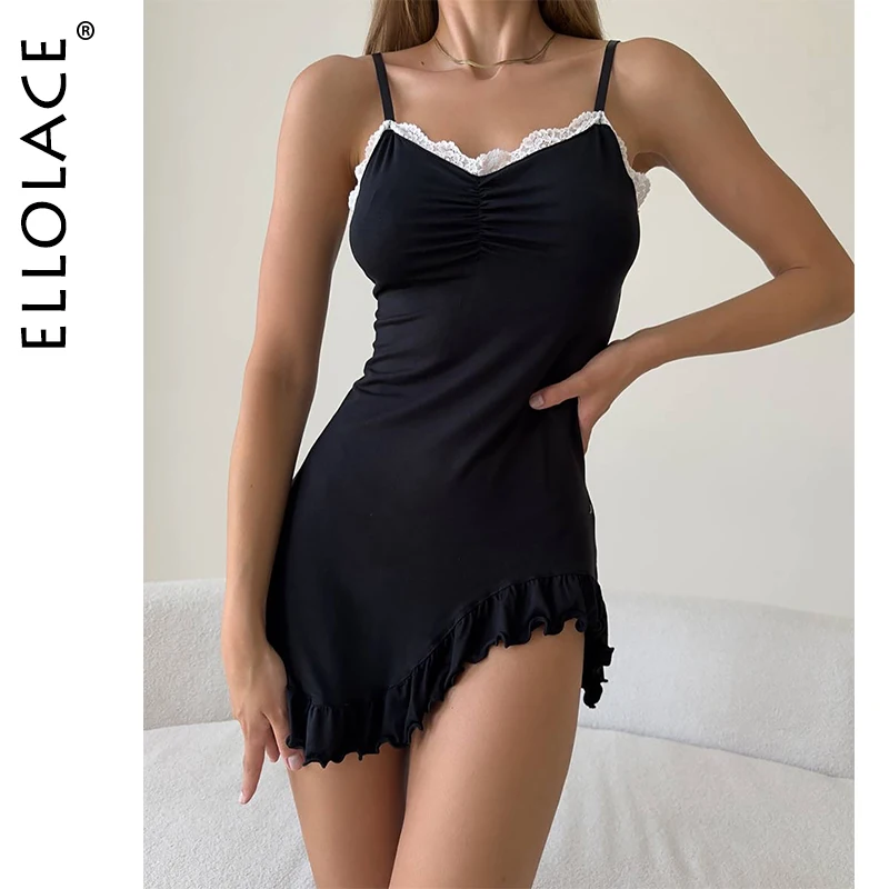 

Ellolace Intimate Womens Dresses Sexy Asymmetric Contrast Color Mini Sleepwear Willowy Slip One-Piece Body Woman Clothing