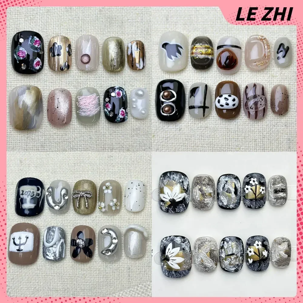 

Handmade Short Square Almonds Press On Nail Epiphyllum French Glitter Wearable Acrylic Nails Women's Party Gift Wholesale