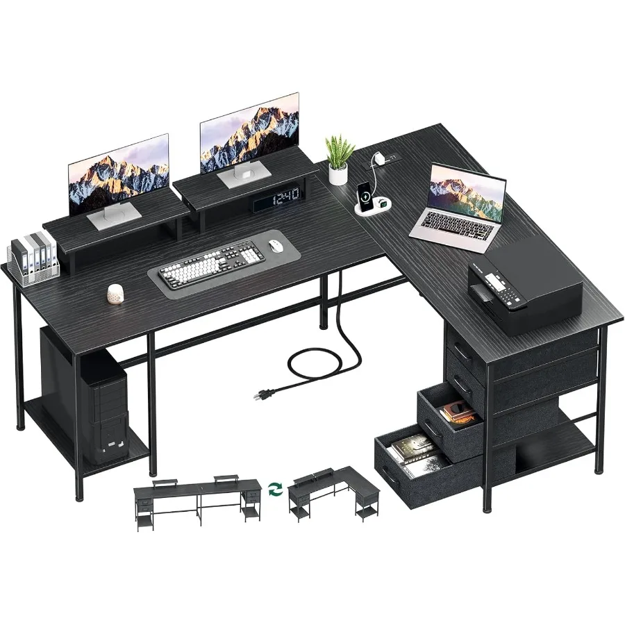 مكتب كمبيوتر 66 لتر على شكل 94.4 بوصة مكتب منزلي مع منافذ طاقة 4 أدراج تخزين قابلة للتعديل 2 حامل شاشة كبير اثنين من Pe #1