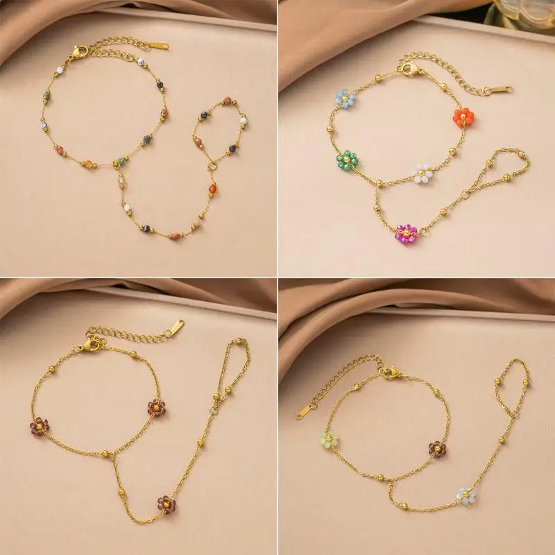 Sweet Floral Colorful Crystal Beaded Flower Stainless Steel Gold Color Finger Wrist Integrated Chain Bracelet For Women Jewelry