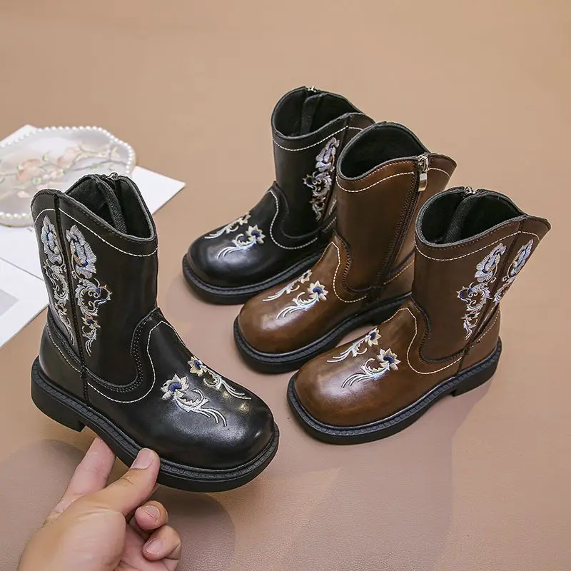 Children’s Embroidered Western Cowboy Boots Unisex Soft Sole Mid Calf Riding Boots Retro Fall 2026 Fashion for Boys Girls