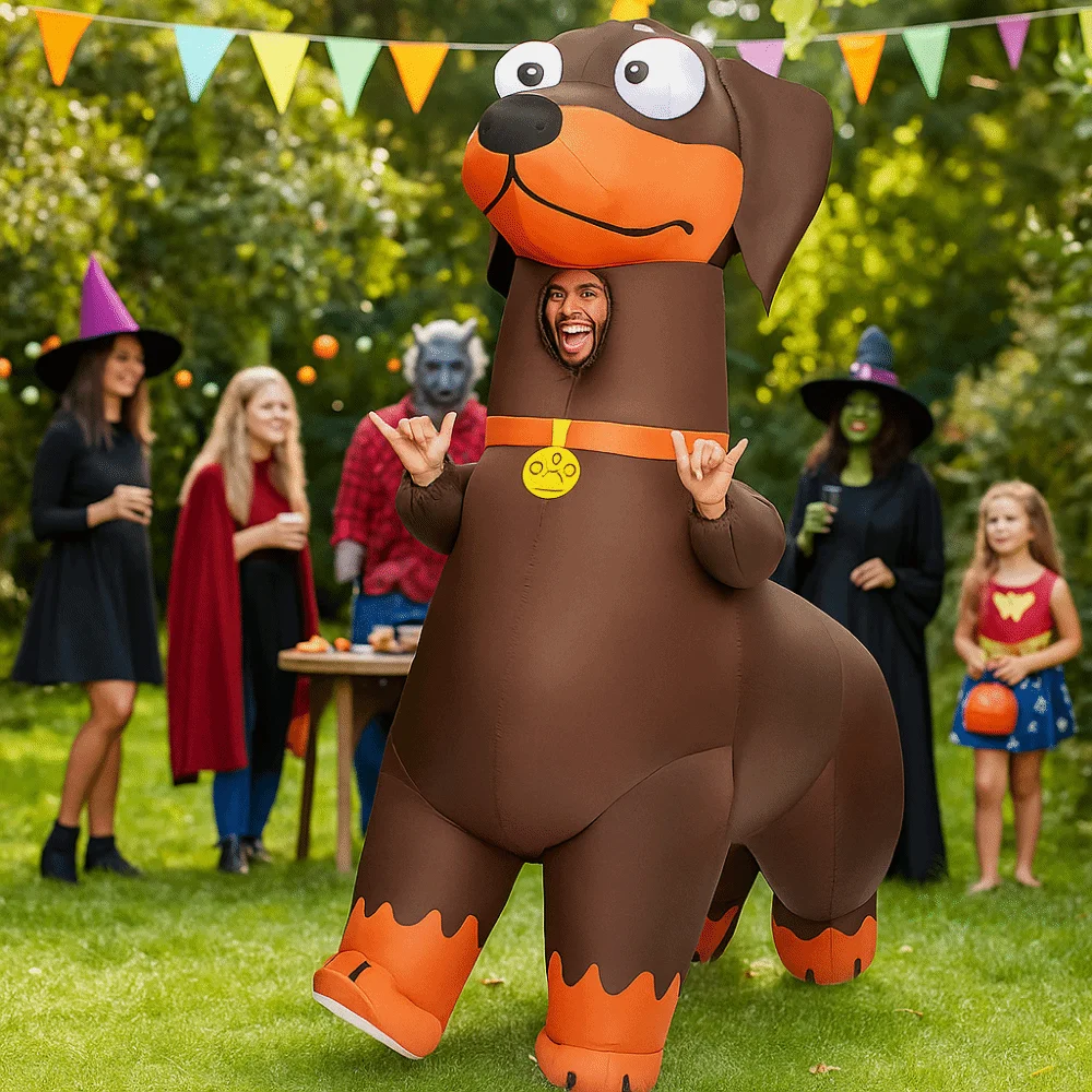 Cartoon Inflatable Sausage Dog Costume Funny Full Body Jumpsuit Cosplay Sausage Dog Costume Detachable Fan Lightweight