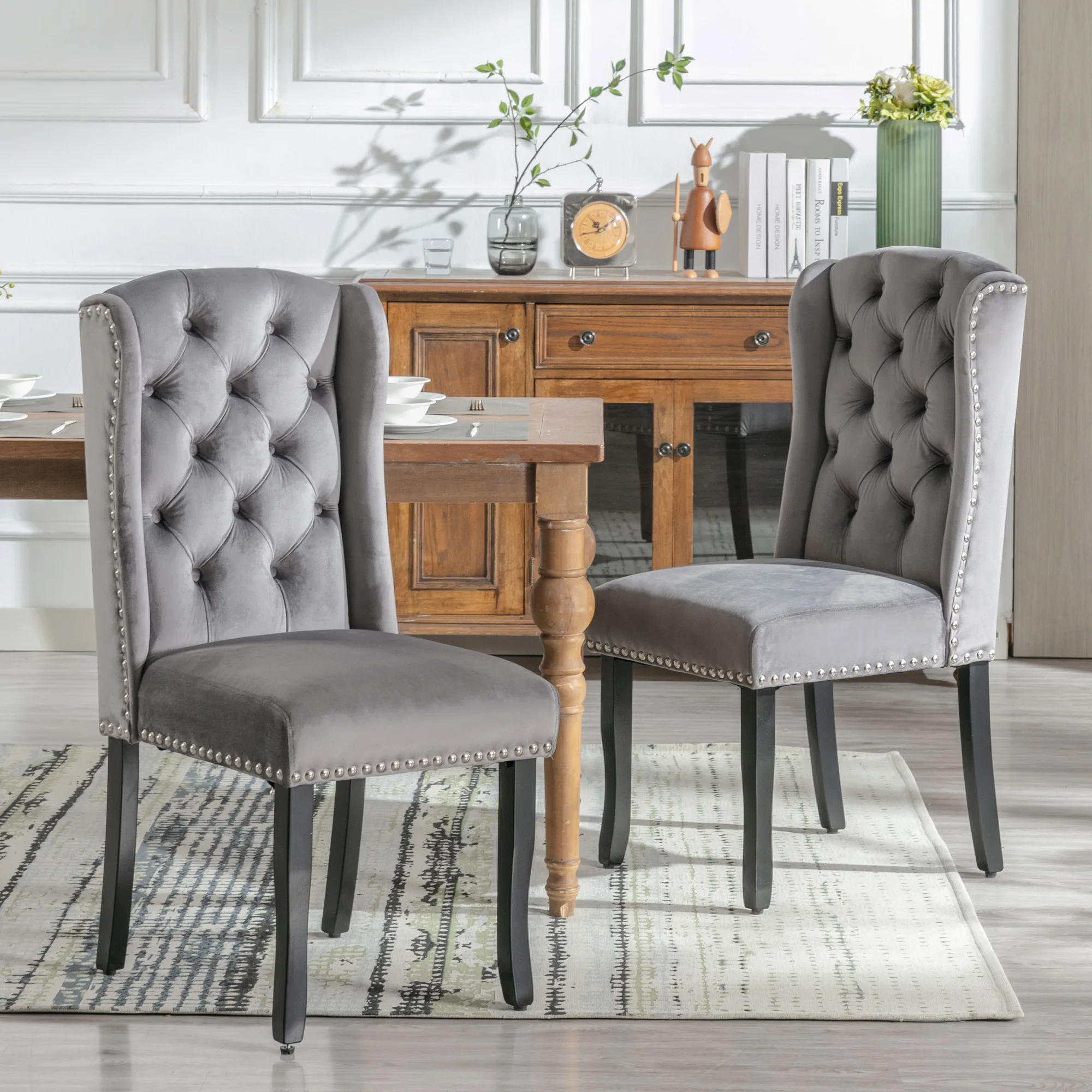 Chaise de salle à manger en velours, lot de 2 chaises avec dossier haut et pieds en chêne massif, confortable et élégante, Gris
