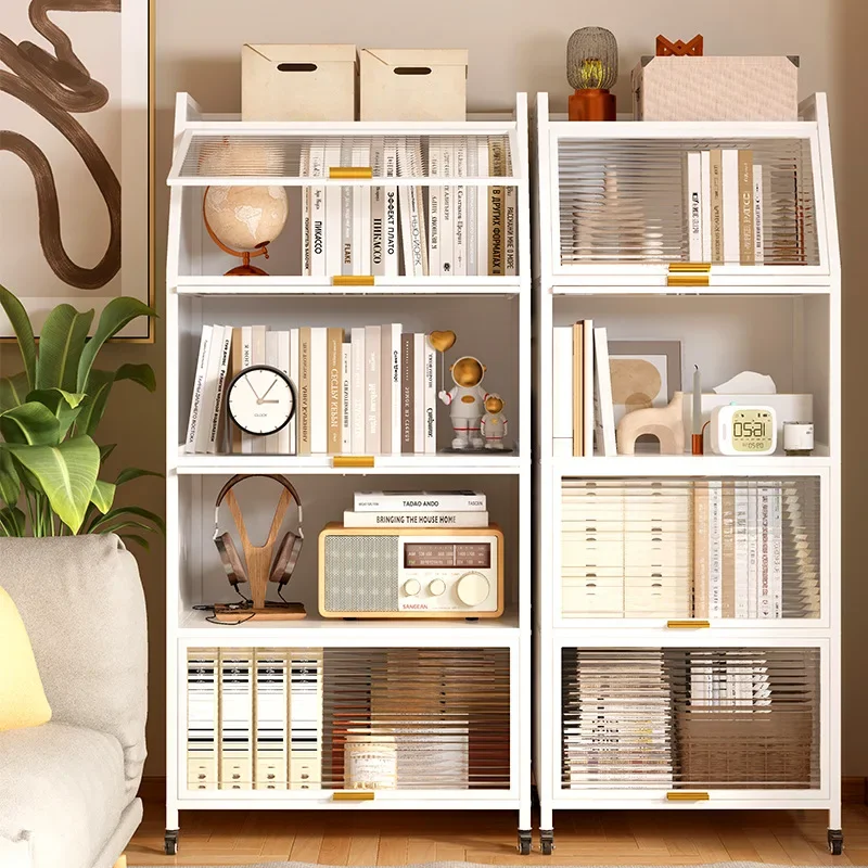 Bookshelf, floor-to-ceiling living room, wrought iron dust-proof glass door shelf, wall office, modern simple light luxury