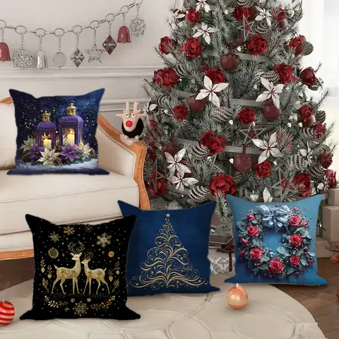 Fundas de almohada con temática navideña: ciervos y copos de nieve, adecuadas para sofá, coche, dormitorio, funda de cojín decorativa