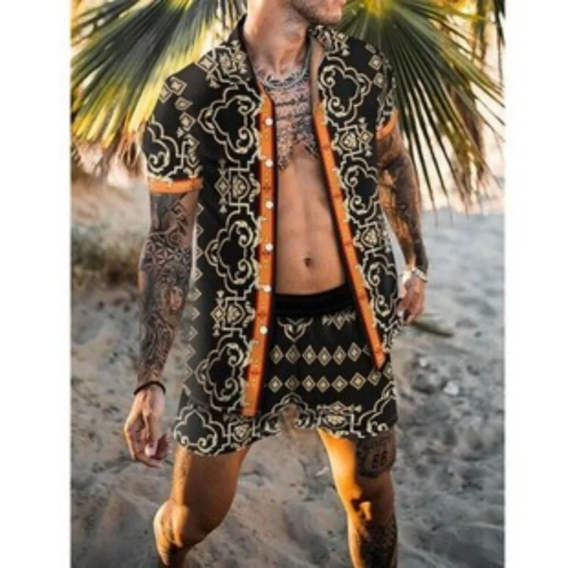 

2023 new Hawaiian beach flower shirt short sleeve top men loose casual fashion vacation shirt shorts two-piece set of clothing