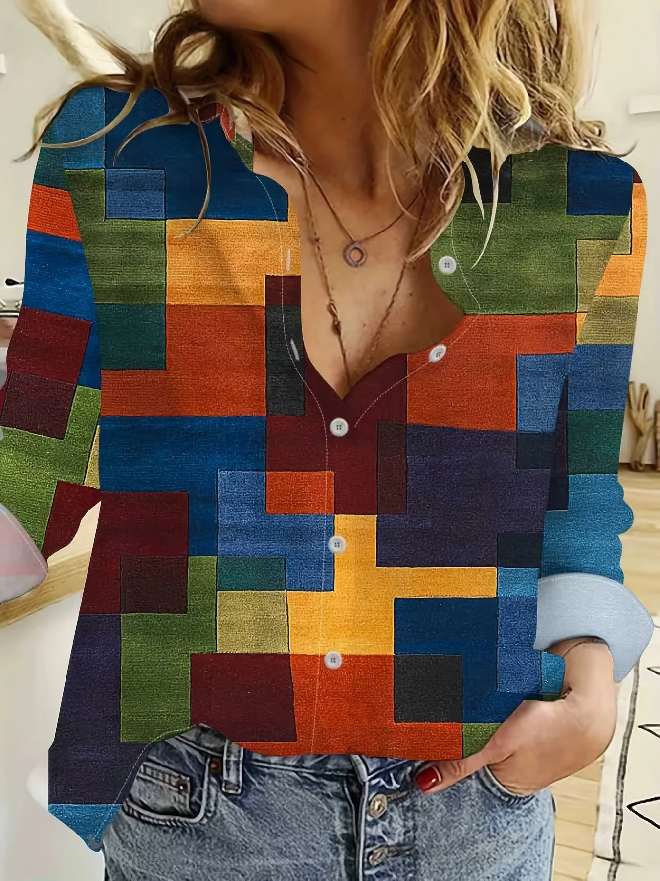 

Printed Design Casual style contrasting color geometric square full print long sleeve shirt