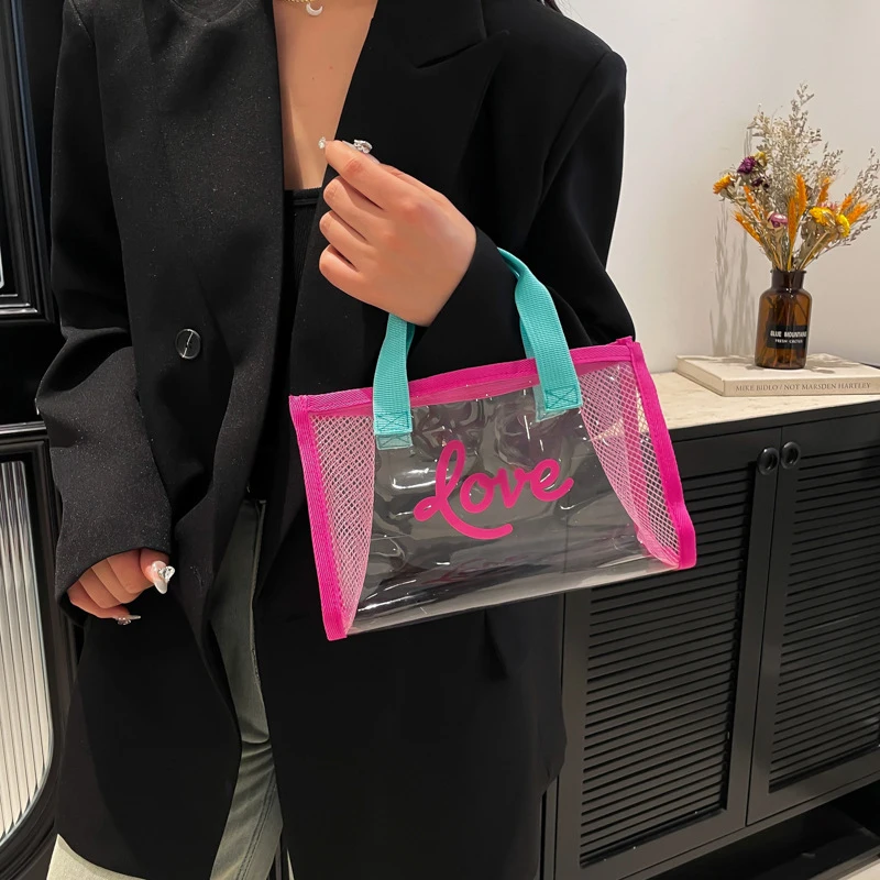 

Мини-тоут, прозрачная сумка из ПВХ, маленькие сумки для туалетных принадлежностей для женщин, прозрачная сумка с верхней ручкой, летние пляжные модные сумки с буквами для рук