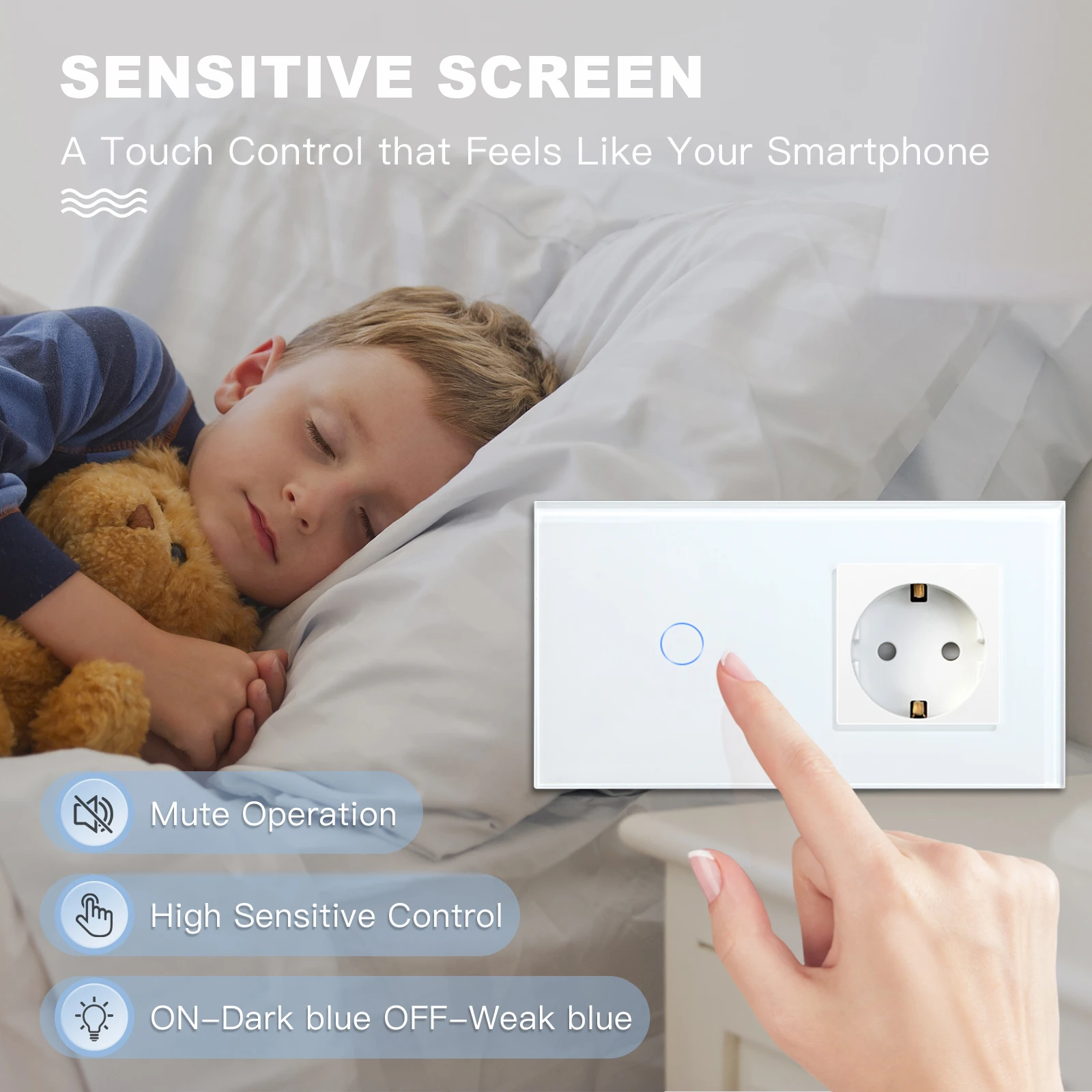 BSEED Touch Light Switch EU Standard Wall Socket With USB Type-C Crystal Glass Panel White Color Power Plugs 1/2/3Gang Switch