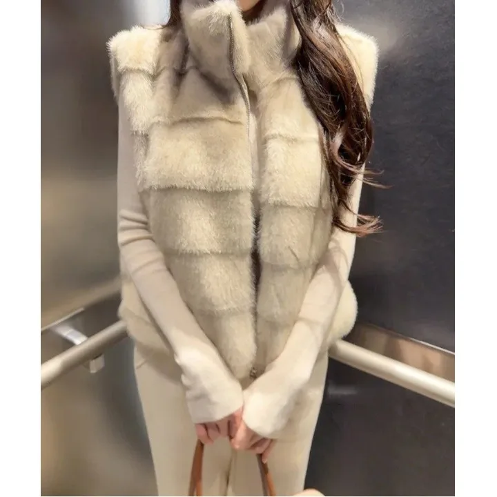 Retro Korean Style Stand Collar Fake Fur Vest Women's Autumn Winter Warm No Sleeve Zipper Coat Youth Commute Style Whole Skin