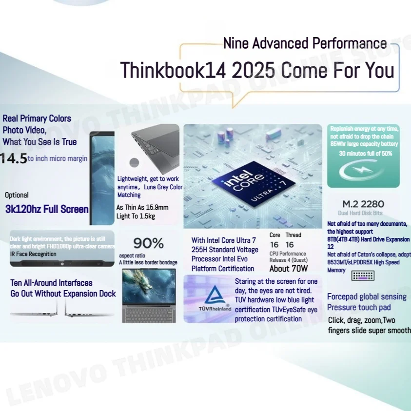 【2025 جديد】كمبيوتر محمول Lenovo ThinkBook 14+ U5-225H/U7-255H/U9-285H Arc 130T/140T 14.5 بوصة 3K 120 هرتز شاشة غير لامعة