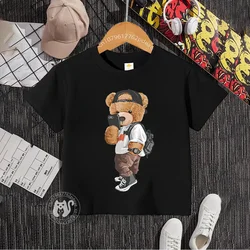 Summer 100% cotton T-shirt for boys and girls Baby street cartoon Bear print teen comfortable crewneck top Cotton T-shirt top